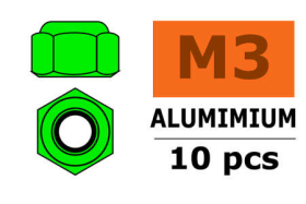 Revtec - Aluminium Sechskantmutter Selbstsichernd - M3 - Grün - 10 St