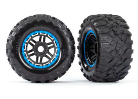 Tires & wheels, assembled, glued (bla ck, blue beadlock style wheels, Maxx MT tires, foam inserts) (2) (17mm spl