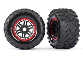 Tires & wheels, assembled, glued (bla ck, red beadlock style wheels, Maxx M T tires, foam inserts) (2) (17mm spli