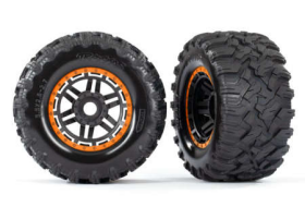 Tires & wheels, assembled, glued (bla ck, orange beadlock style wheels, Max x MT tires, foam inserts) (2) (17mm s